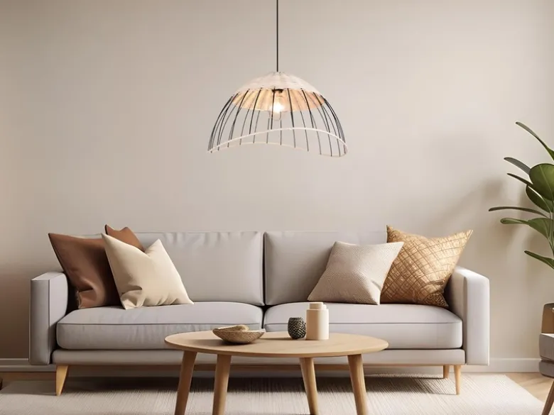 Große Pendelleuchte SANDRINE mit Lampenschirm aus Rattan & Draht, Ø 48cm