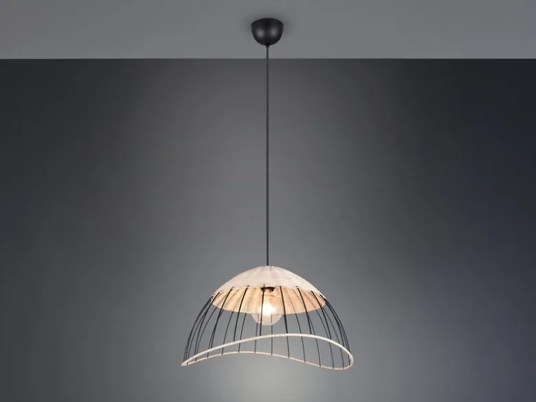 Große Pendelleuchte SANDRINE mit Lampenschirm aus Rattan & Draht, Ø 48cm