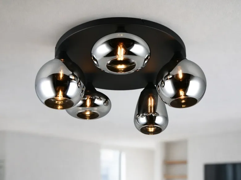 Große Retro Deckenleuchte LUMINA mit 5 Glasschirmen in Chrom Ø 63,5cm