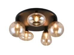 Große Retro Deckenleuchte LUMINA mit 5 Glasschirmen Amberfarbig Ø 63,5cm