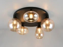 Große Retro Deckenleuchte LUMINA mit 5 Glasschirmen Amberfarbig Ø 63,5cm