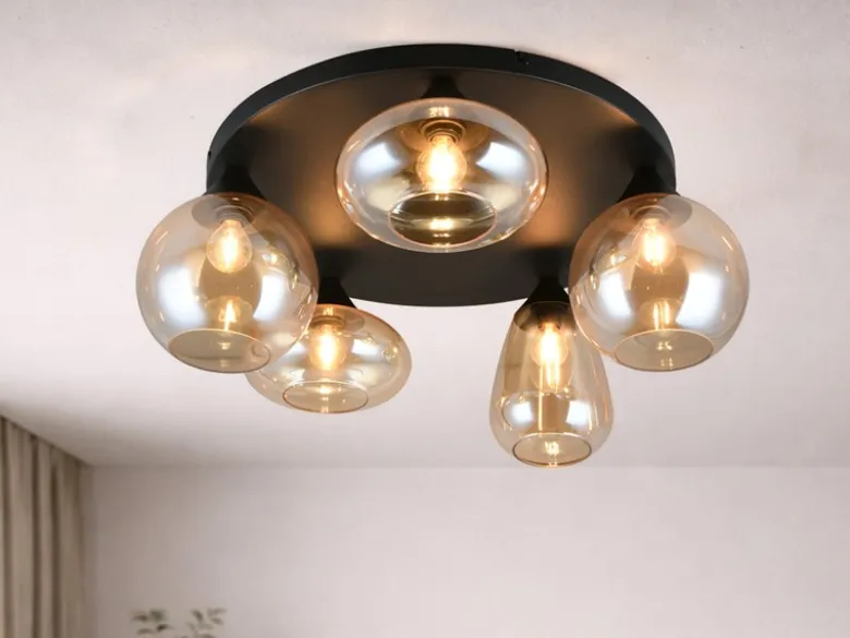 Große Retro Deckenleuchte LUMINA mit 5 Glasschirmen Amberfarbig Ø 63,5cm