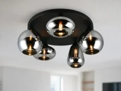 Große Retro LED Deckenleuchte mit 5 Glasschirmen Chrom Ø 63,5cm