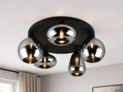 Große Retro LED Deckenleuchte mit 5 Glasschirmen Chrom Ø 63,5cm