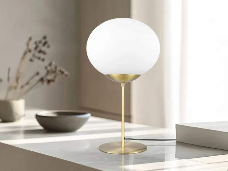 Große Retro LED Tischleuchte Messing mit Glaskugel, Höhe 52cm