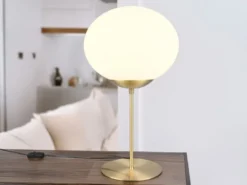 Große Retro LED Tischleuchte Messing mit Glaskugel, Höhe 52cm