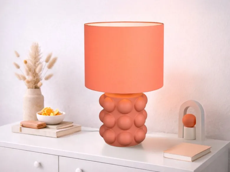 Große Retro Tischlampe KATE mit Keramikfuß & Stoffschirm Orange, Höhe 47cm