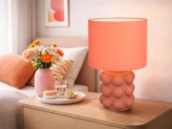 Große Retro Tischlampe KATE mit Keramikfuß & Stoffschirm Orange, Höhe 47cm