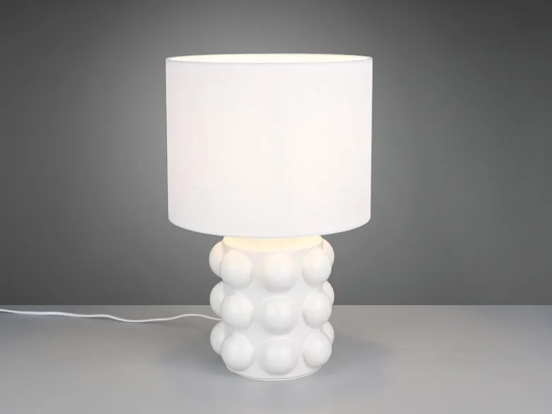 Große Retro Tischlampe KATE mit Keramikfuß & Stoffschirm Weiß, Höhe 47cm