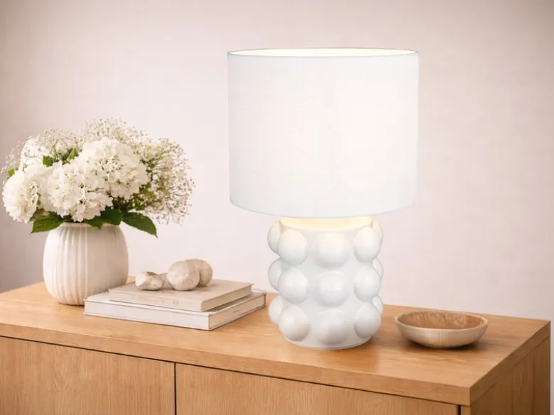 Große Retro Tischlampe KATE mit Keramikfuß & Stoffschirm Weiß, Höhe 47cm