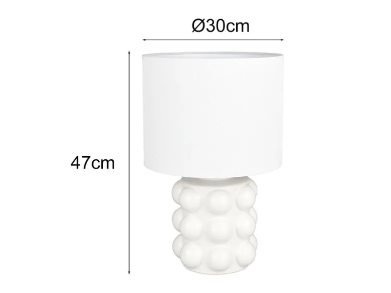 Große Retro Tischlampe KATE mit Keramikfuß & Stoffschirm Weiß, Höhe 47cm