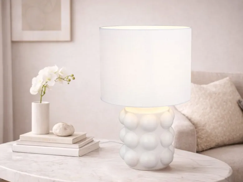 Große Retro Tischlampe KATE mit Keramikfuß & Stoffschirm Weiß, Höhe 47cm