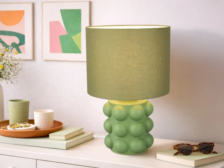Große Retro Tischlampe KATE mit Keramikfuß & Stoffschirm Grün, Höhe 47cm