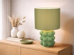 Große Retro Tischlampe KATE mit Keramikfuß & Stoffschirm Grün, Höhe 47cm