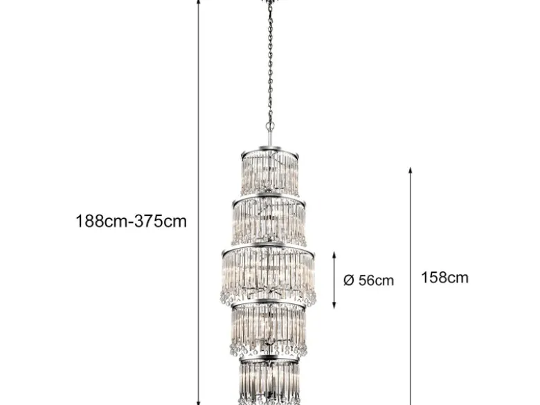 Großer Kronleuchter PIPER mit filigranem Kristall Glas, Chrom, bis 3,75m lang