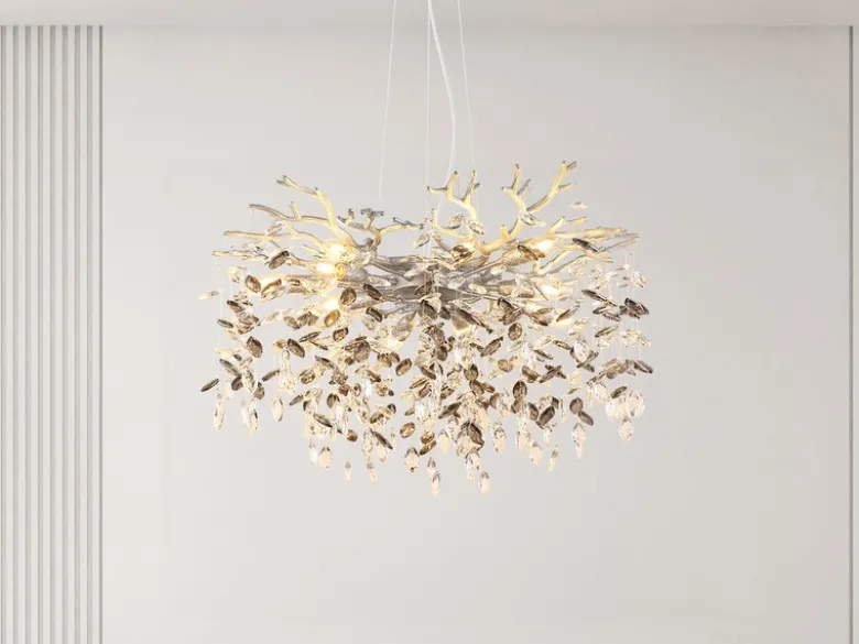Großer Kronleuchter QUEENA Silber 10-flammig mit Glas Kristall 2-farbig Ø 80cm