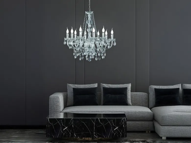 Großer LED Kronleuchter 10-flammig Silber Chrom mit Acryl Kristall Ø 76cm