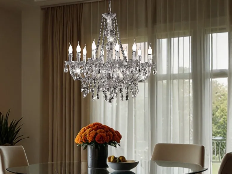 Großer LED Kronleuchter 10-flammig Silber Chrom mit Acryl Kristall Ø 76cm