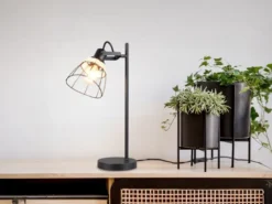 Große Schreibtischleuchte JEROME mit Rattan & Gitter Lampenschirm, Höhe 50cm