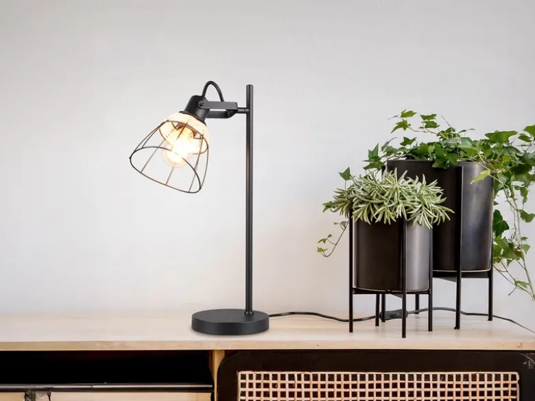 Große Schreibtischleuchte JEROME mit Rattan & Gitter Lampenschirm, Höhe 50cm