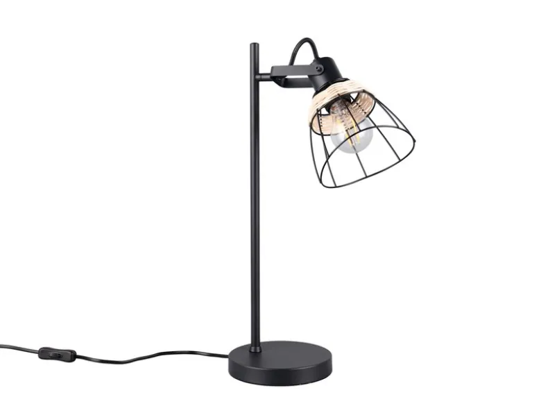 Große Schreibtischleuchte JEROME mit Rattan & Gitter Lampenschirm, Höhe 50cm