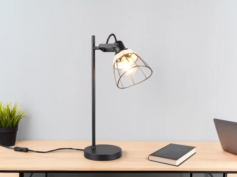 Große Schreibtischleuchte JEROME mit Rattan & Gitter Lampenschirm, Höhe 50cm