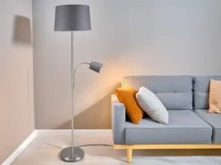Große Stehlampe HENTA mit Leselampe und Stoffschirm Grau, Höhe 170cm