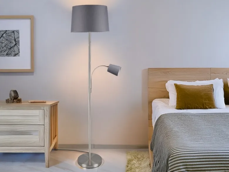 Große Stehlampe HENTA mit Leselampe und Stoffschirm Grau, Höhe 170cm
