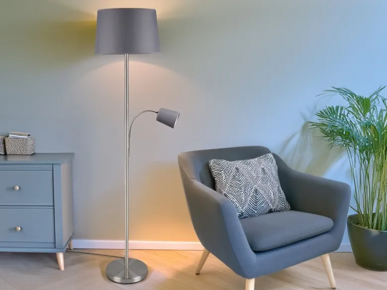 Große Stehlampe HENTA mit Leselampe und Stoffschirm Grau, Höhe 170cm