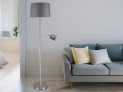 Große Stehlampe HENTA mit Leselampe und Stoffschirm Grau, Höhe 170cm