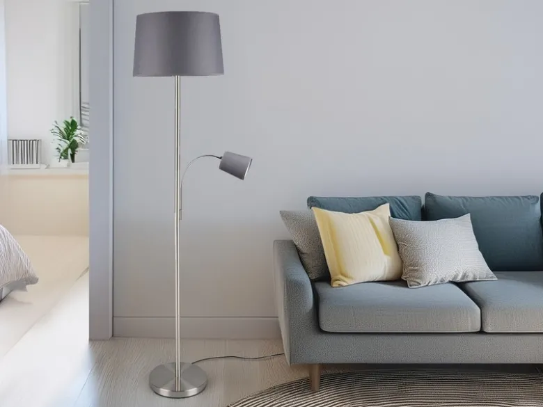Große Stehlampe HENTA mit Leselampe und Stoffschirm Grau, Höhe 170cm
