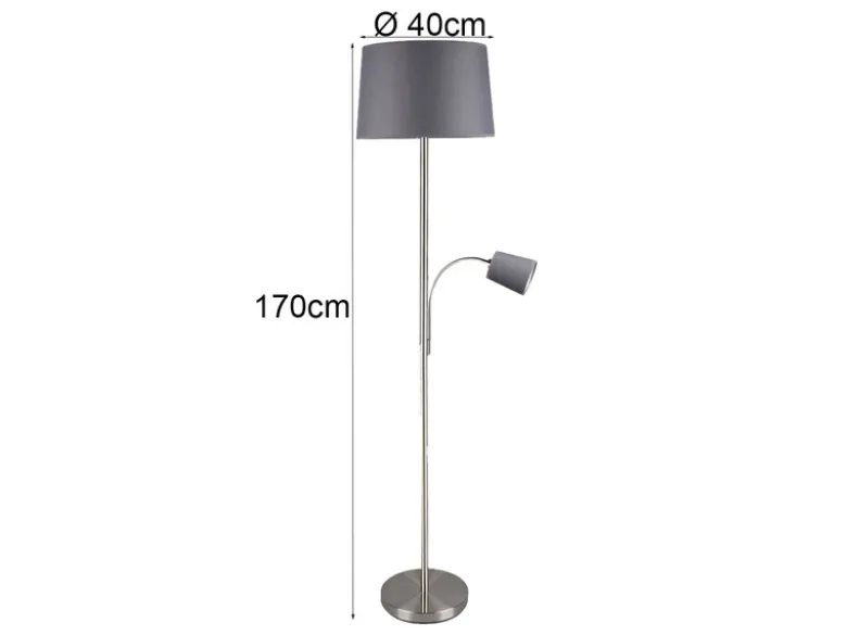 Große Stehlampe HENTA mit Leselampe und Stoffschirm Grau, Höhe 170cm
