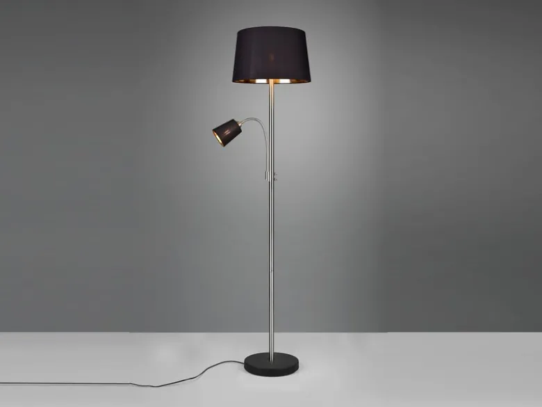 Große Stehlampe HENTA mit Leselampe, Stoffschirm Schwarz Gold Höhe 180cm