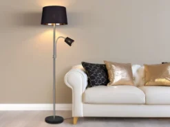 Große Stehlampe HENTA mit Leselampe, Stoffschirm Schwarz Gold Höhe 180cm