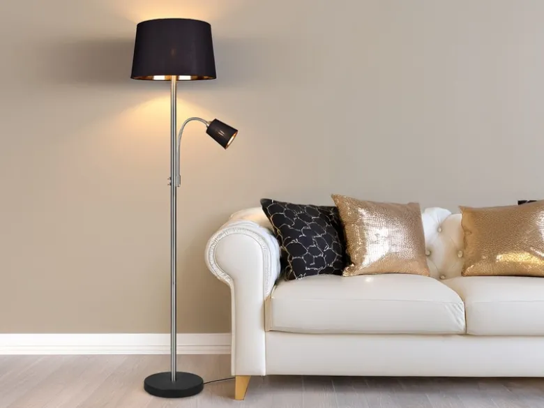 Große Stehlampe HENTA mit Leselampe, Stoffschirm Schwarz Gold Höhe 180cm