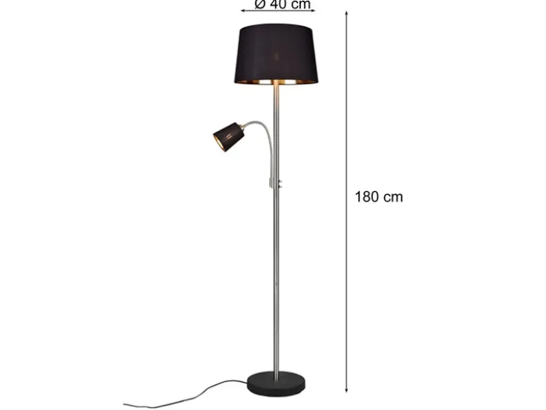 Große Stehlampe HENTA mit Leselampe, Stoffschirm Schwarz Gold Höhe 180cm