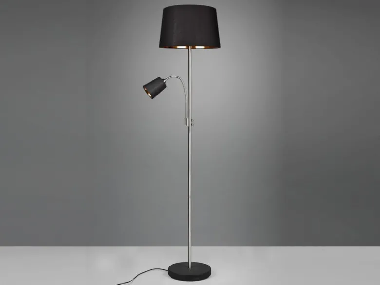 Große Stehlampe HENTA mit Leselampe, Stoffschirm Schwarz Gold Höhe 180cm