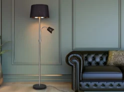 Große Stehlampe HENTA mit Leselampe, Stoffschirm Schwarz Gold Höhe 180cm