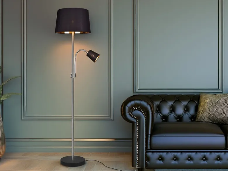 Große Stehlampe HENTA mit Leselampe, Stoffschirm Schwarz Gold Höhe 180cm
