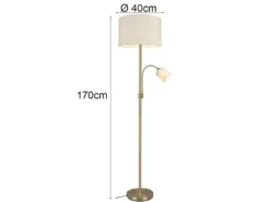 Große Stehlampe HOTEL Messing mit Leselampe & E27 Stoffschirm Creme, Höhe 170cm