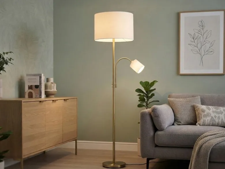 Große Stehlampe HOTEL Messing mit Leselampe & E27 Stoffschirm Creme, Höhe 170cm