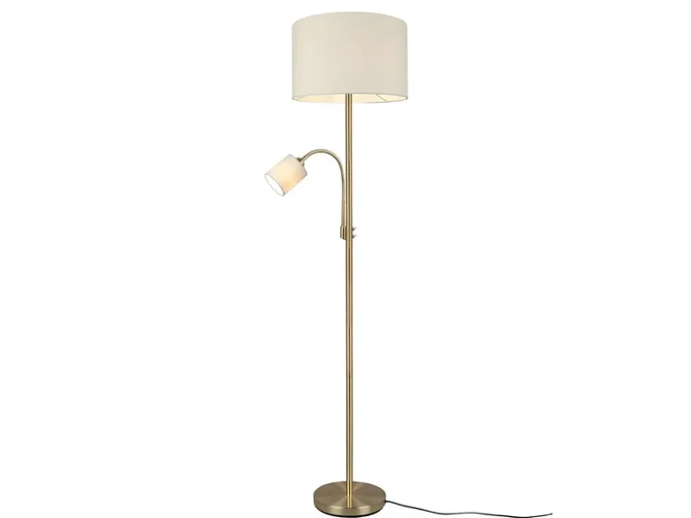 Große Stehlampe HOTEL Messing mit Leselampe & E27 Stoffschirm Creme, Höhe 170cm