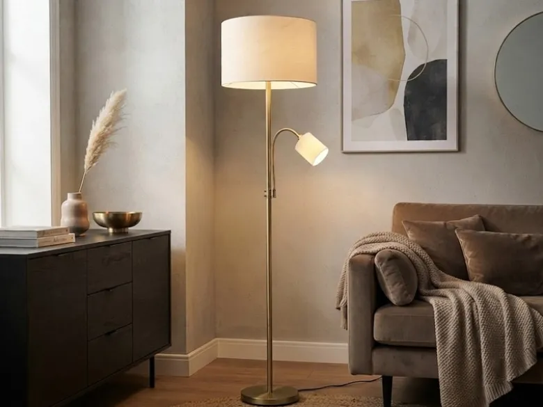 Große Stehlampe HOTEL Messing mit Leselampe & E27 Stoffschirm Creme, Höhe 170cm