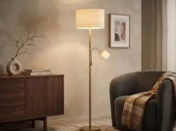 Große Stehlampe HOTEL Messing mit Leselampe & E27 Stoffschirm Creme, Höhe 170cm