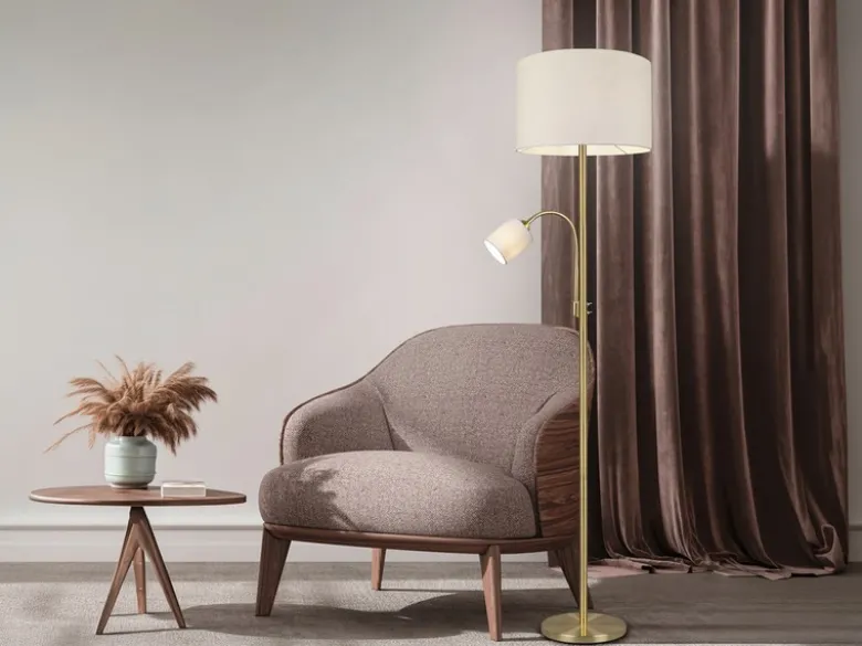 Große Stehlampe HOTEL Messing mit Leselampe & E27 Stoffschirm Creme, Höhe 170cm