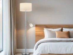 Große Stehlampe HOTEL Silber mit Leselampe & E27 Stoffschirm Weiß, Höhe 170cm