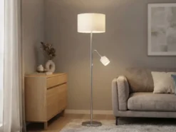 Große Stehlampe HOTEL Silber mit Leselampe & E27 Stoffschirm Weiß, Höhe 170cm