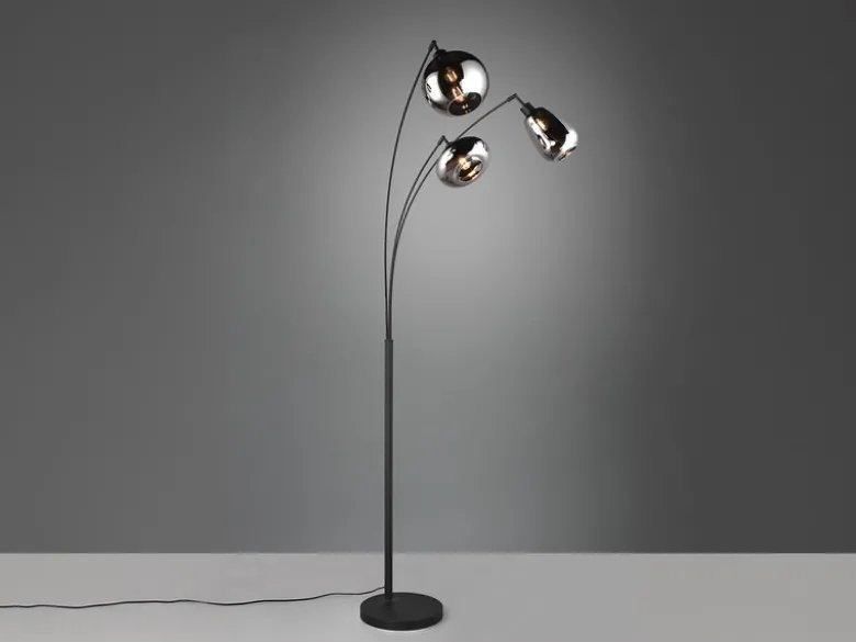 Große Stehlampe LUMINA mit 3 Glas Lampenschirmen in Chrom, Höhe 200cm