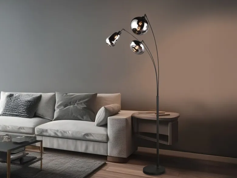 Große Stehlampe LUMINA mit 3 Glas Lampenschirmen in Chrom, Höhe 200cm
