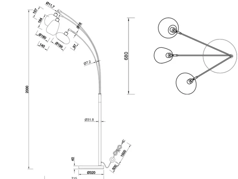Große Stehlampe LUMINA mit 3 Glas Lampenschirmen in Chrom, Höhe 200cm